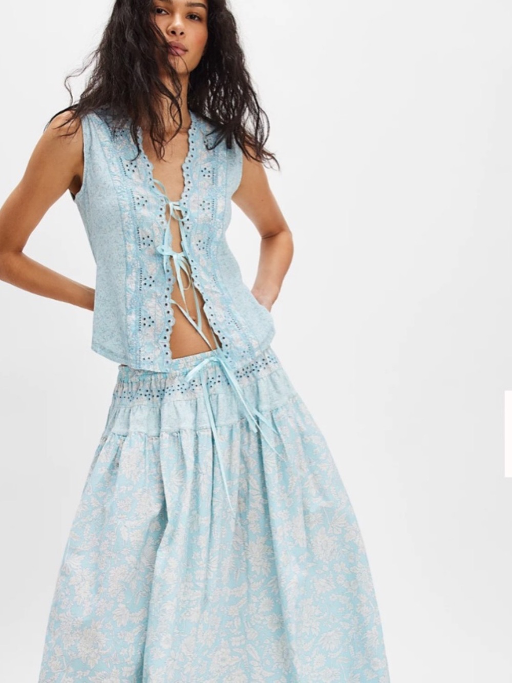 NWOT. Free People. Size XS. Blue Floral Lace-Up Top and Bottom.